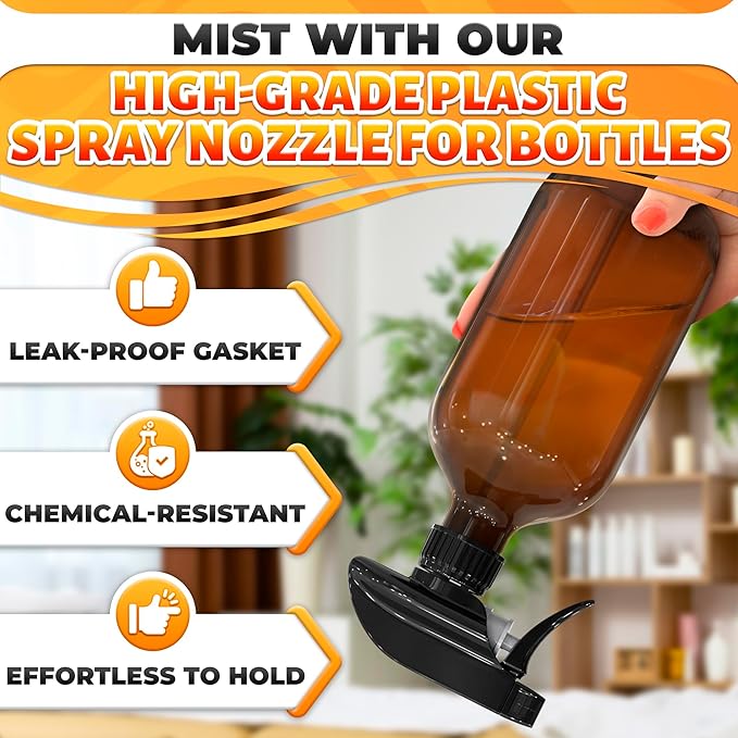 4 Pack Spray Nozzle for Bottles – Replace Broken Sprayers in Seconds with Spray Bottle Nozzle Replacement – Fits 8 Oz & 16 Oz Bottles, Trim-To-Fit Tube, Mist & Stream Modes, Secure Fit Trigger Sprayer