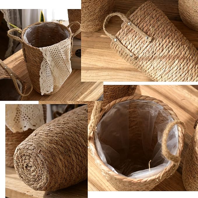 Wnvivi Grass Woven Flower Basket,Rustic Rattan Flower Pot with Plastic Liner,Seagrass Garden Planter Basket,Handwoven Storage Container (L)