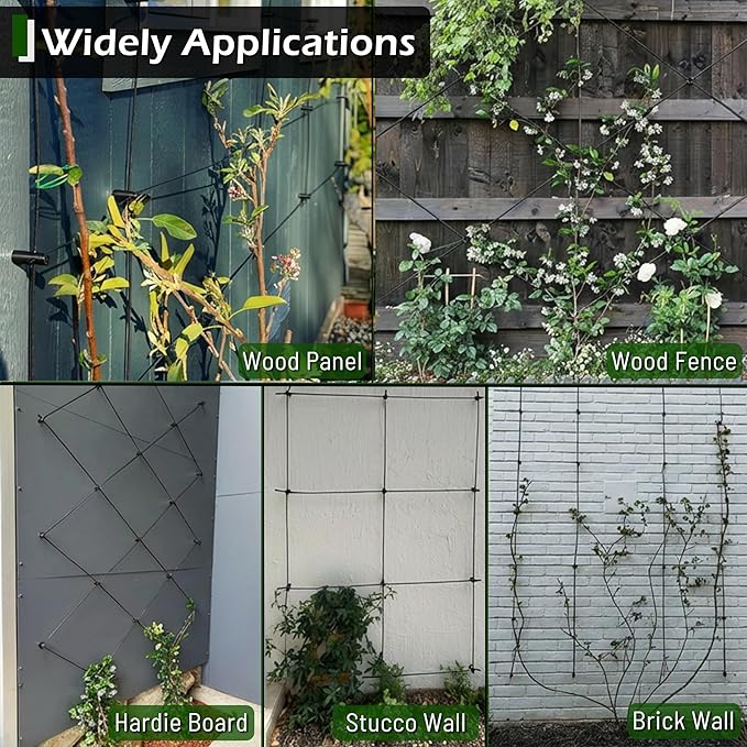 Wire Trellis for Climbing Plants Outdoor, 30-Set Wall Wire Trellis Kit with 1/8in x 150ft Vinyl Coated Cable, Black T316 Cylindrical Espalier System for Fence and Garden DIY Projects