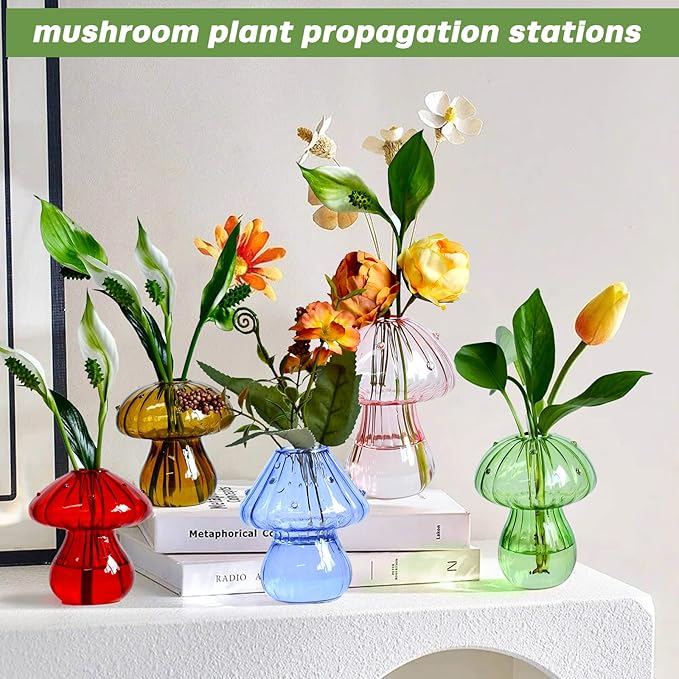 Mushroom Vase, Mushroom Propagation Stations Vases, Colored Glass Vase Set of 5, Hydroponic Glass Container for Plants, Bud Vases for Home Office Decor