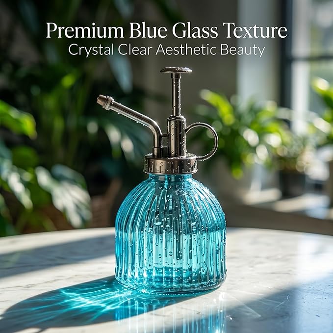 Topadorn Blue Glass Plant Mister Spray Bottle - Mini Vintage Watering Can with Pump for Indoor Plants & Succulents