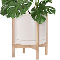 D'vine Dev Ceramic Planter with Natural Stand - 14 Inch Modern Round Flower Pot with Wood Planter Holder, Oatmeal, 55-B-R-8