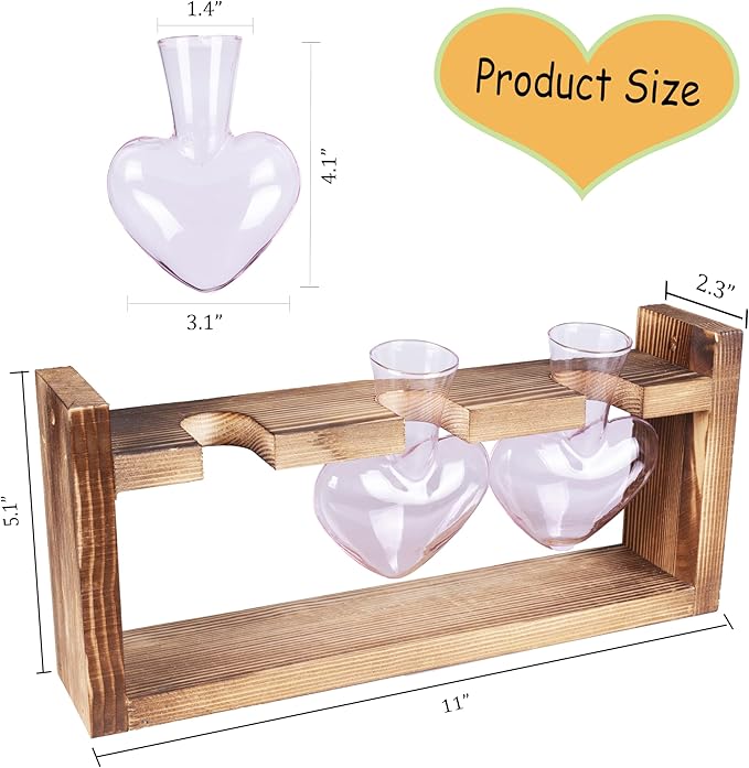 Kingbuy 3-Heart Plant Terrarium Kit with Vintage Wood Stand - Stained Glass Vase Propagation Station, Wall-Mounted & Tabletop Indoor Decor for Home Kitchen Wedding Gift, Light Pink