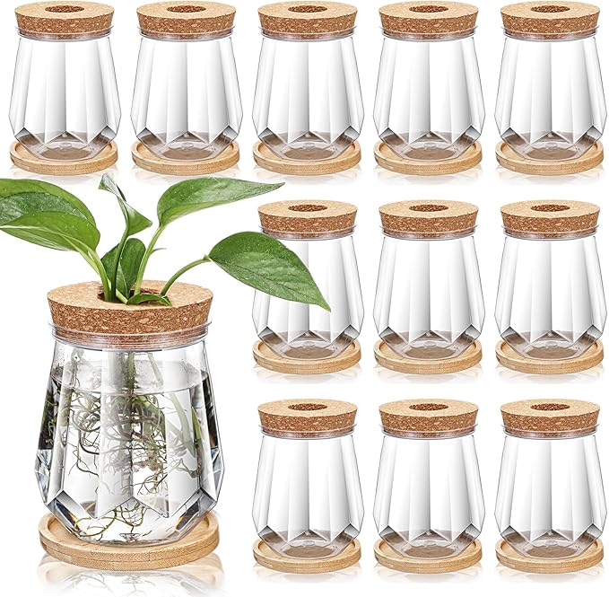 Baderke 12 Packs 4.7" Large Plastic Propagation Vases for Plants with Hole Lid and Bamboo Stand Growing in Water Hydroponic Home Office Desktop Vase Decoration