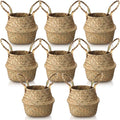 Qunclay 8 Pcs Woven Seagrass Baskets Belly Basket Folding Boho Natural Plant Pot with Handles Round Decorative Wicker Large Indoor Planter for Home Outdoor Tree Planters Decor (Xs,7.9''dx6.3''h)
