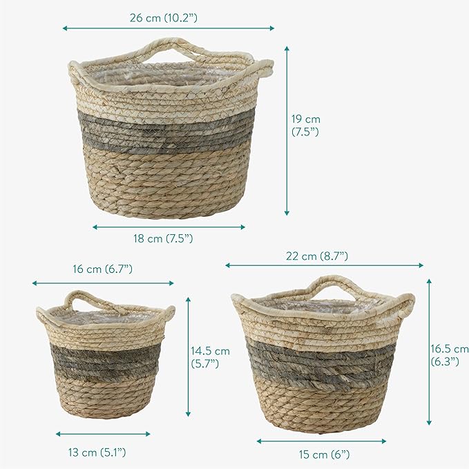 Navaris Seagrass Hanging Plant Pot Set - Decorative Indoor House Plant & Flower Pots with Jute Rope - Woven Basket Design for Home Storage - Small, Medium and Large Planters