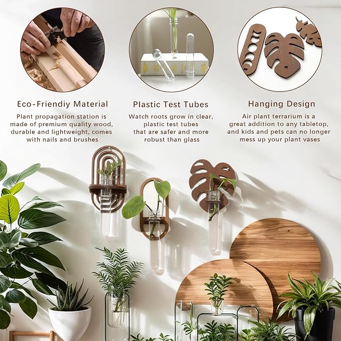 Artilady 2 Pack Plant Propagation Station Wall Hanging Wooden Moon Phase Plant Terrarium for Hydroponics Home Office Decor Test Tube Propagate Air Plant Cutting Holder