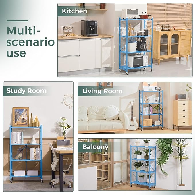 DEANIC 4 Tier Foldable Storage Shelves with Wheels, Large Capacity Shelving Unit, Freestanding Metal Wire Shelf Rack, No Assembly Organizer Rack for Garage Kitchen, Basement(Blue)