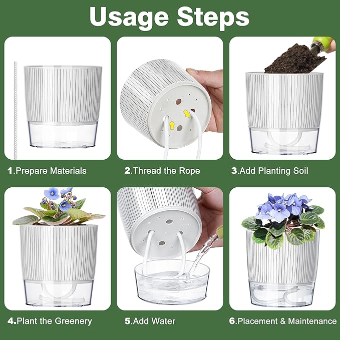Self Watering Pots for Indoor Plants, 4 and 5.3 Inch, Plastic, Black Stripes, Round, Modern, Tabletop