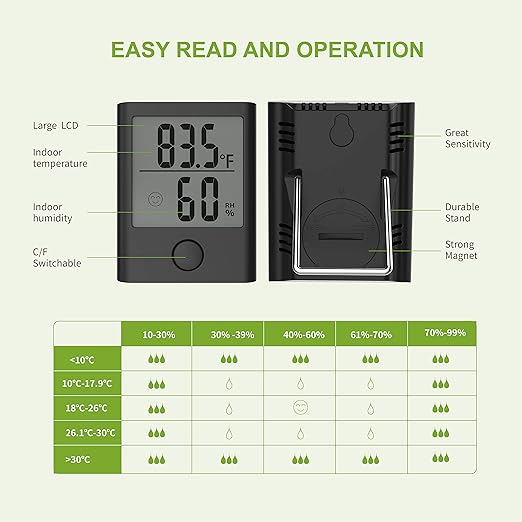 BALDR Digital Hygrometer Thermometer - Monitor Room Temperature & Humidity with Thermometer and Hygrometer, Humidity Sensor & Indoor Thermometer for Home, Office & Greenhouse, Humidity Meter, Black