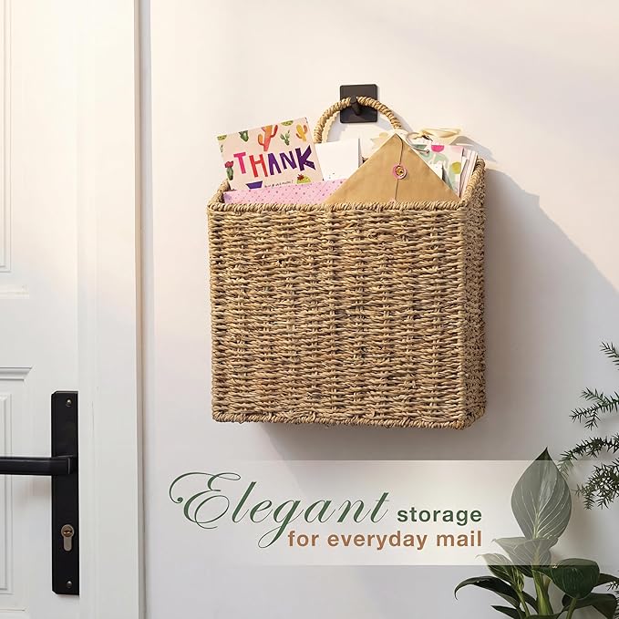 Set of 2 Wicker Hanging Basket for Organizing, Front Door, Mail, Flowers - Woven Wall Baskets for Storage (Natural Seagrass)
