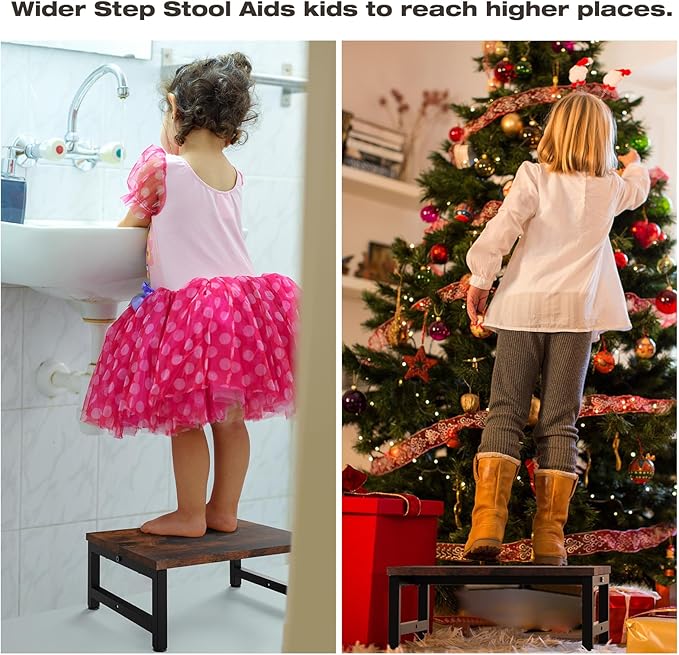Flottian 6" Wooden Step Stools for Adults Kids,15.4" Extra Wide Heavy Duty Step Stool Holds Up to 300 lbs,Bed Step Stool for High Beds,Stools for Bedroom,Kitchen,SUV ect,Easy Assemble,Rustic Brown