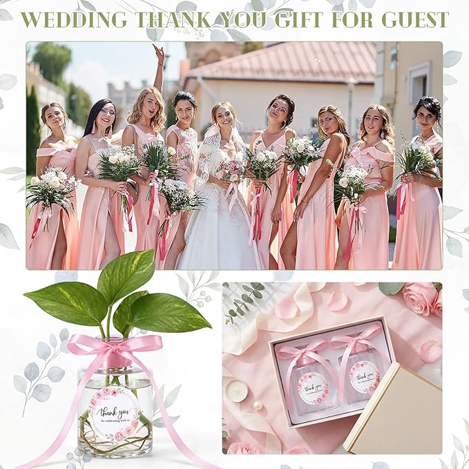 30 Set 4.33'' Plastic Plant Propagation Stations Gifts Bulk 4oz Plant Propagation Jars Planter Vase with Thank You Tags and Ribbons for Guests Wedding Bridal Shower(Pink Flowers)