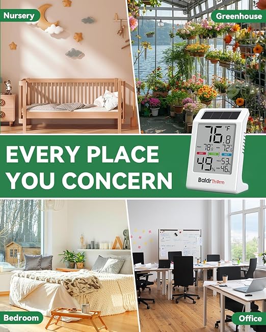 BALDR Indoor Thermometer Hygrometer, Solar Power with Battery Backup, Large Display, Daily Max/Min & Comfort Indicator Humidity Meter (White)
