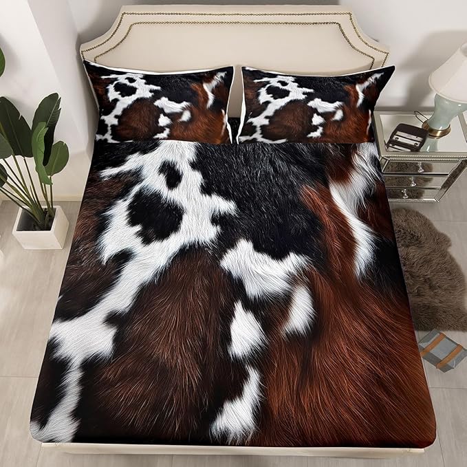 Feelyou Cow Fur Bed Sheets Kids Cowhide Leather Hair Sheet Set Women Men Microfiber Soft Rustic Cow Skin Decor Bedding Set Brown Farmhouse Bed Sheet Set Twin Size Bed Set 3Pcs