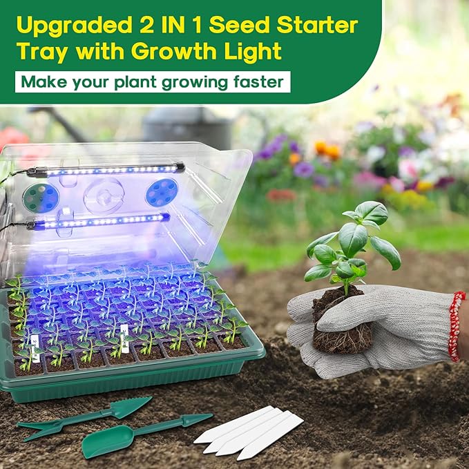 BlumWay Seed Starter Tray with Grow Light,2 Pack 80 Cells Seedling Tray Kit with Humidity Dome/Indoor Plant Starter Kit, Adjustable Brightness Plant Germination Trays-Green