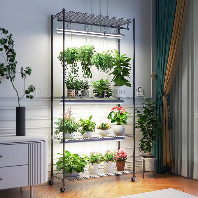 Barrina CX3 Plant Stand with Grow Light, 4-Tier, 3FT 5000K, 108W Full Spectrum Indoor DIY Plant Shelf with Lights, Flower Pot Display Rack, Greenhouse, Wheel, Mechanical Timer, 35.4"x13.8"x70.9"