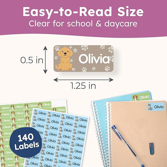 Personalized Name Labels for Kids (140 Labels) - Durable & Waterproof Custom Name Stickers for Clothing Tags, School Supplies, Camp & Daycare - Paws (1.2”x0.5”)
