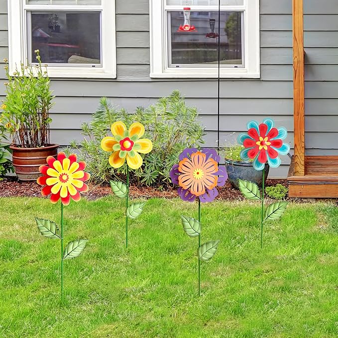 HUTHDAK Metal Flowers for Outside,4 Pack 16.33" Decorative Garden Stakes with Swaying Flowers Head Yard Art,Spring Garden Decor for Lawn, Pathway & Yard