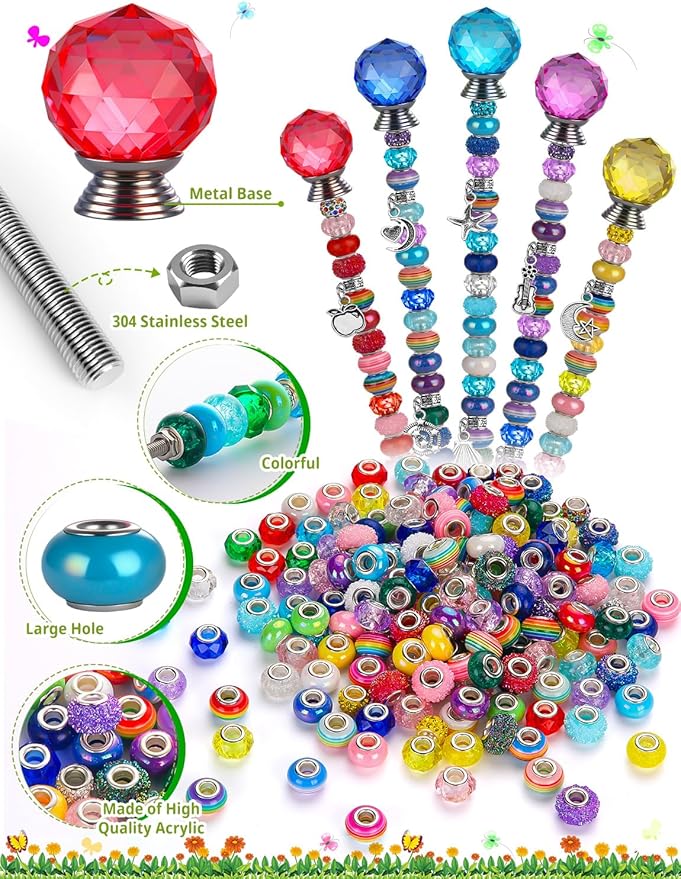 336 Pcs Beaded Garden Stakes, DIY Fairy Wand Garden Stake Beads Kits with 272 Colorful Assortment Round Large Hole Beads with Sparkling Silver Crystal Pendants Stopper Top for Outdoor Beadable Items