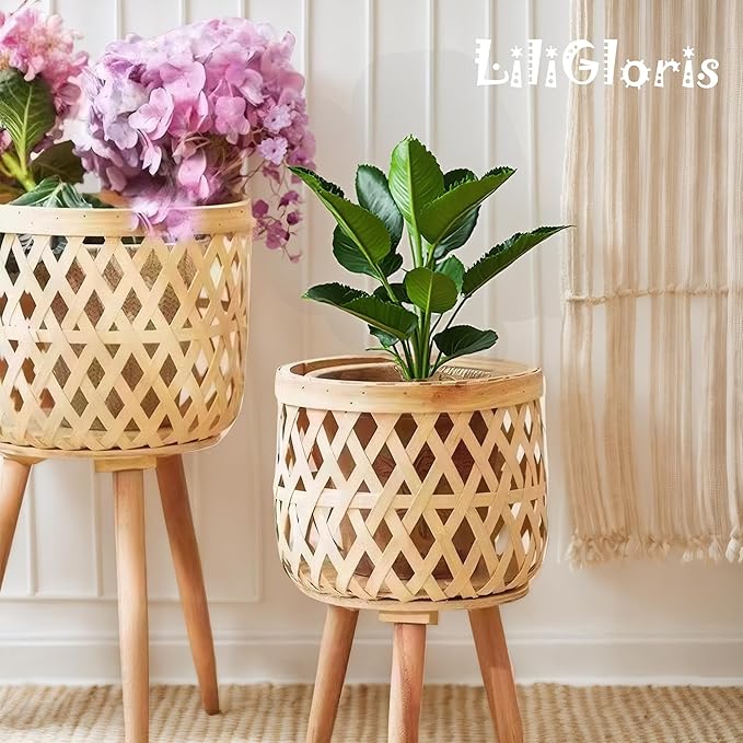 Boho Rattan Plant Stand Set of 2 – Handwoven Tall Elevated Wicker Plant Baskets for Indoor Plants, Mid-Century Modern Wooden Planter Holder with Tripod Legs, Farmhouse Home Decor