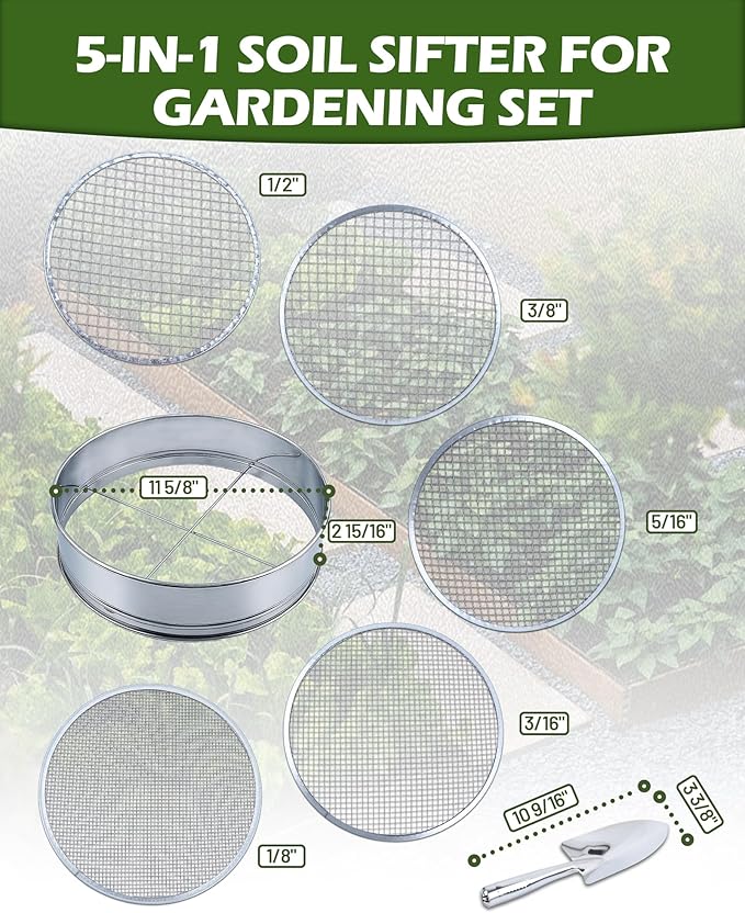 5-in-1 Soil Sifter Set with 5 Replaceable Stainless Steel Mesh Screen & Shovel (1/8" to 1/2"), Soil Sifter for Soils, Compost, Bonsai, Cat Litter and More（11-5/8" Diameter）