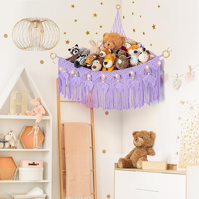ANROYE Macrame Stuffed Animal Storage with Star Light, Bear Purple Hammock for Girls Room Decor, Corner Hanging Mesh Organizer Idea for Nursery, Plushies Toy Wall Hanging Display Holder Kid Gift
