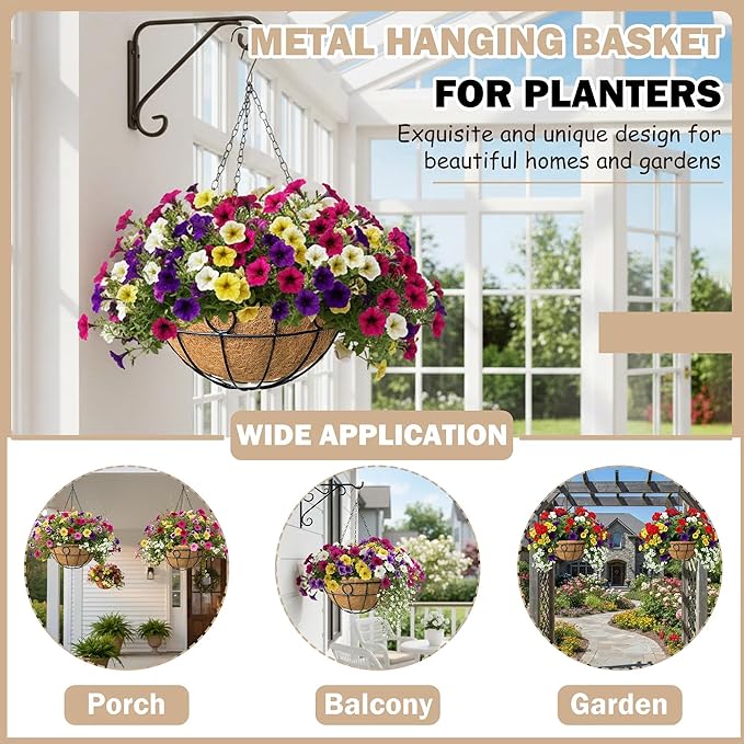 2 Pack 12 inch Black Round Metal Wire Hanging Planter Basket Outdoor Hanging Baskets Indoor with Coco Liner Pot Plant Holder for Home Garden Balcony Decor