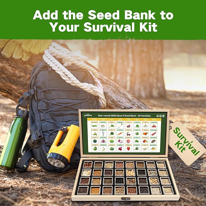 Lush&Dew Year-Round USDA Zone 7 Seed Bank, Gift for Mom Dad, 32 Varieties Non-GMO Heirloom Seeds of Vegetables Flowers, Gardening Gifts for Women Men, Survival Kit for Raised Garden Bed Greenhouse