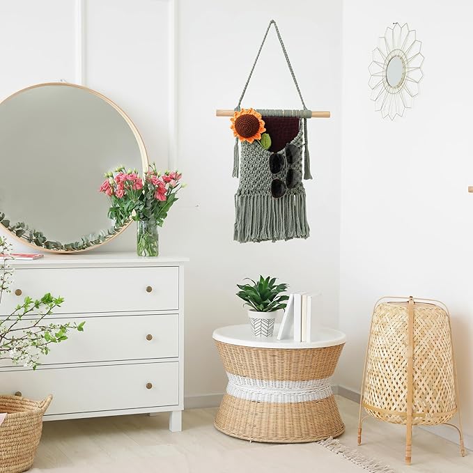BIMIVAN Macrame Wall Hanging Basket Decor - Boho Wall Basket Decor - Large Wall Art - Mail Organizer Wall Mount - Key And Letter Holder For Wall - Sage Green 13 x 15 inches