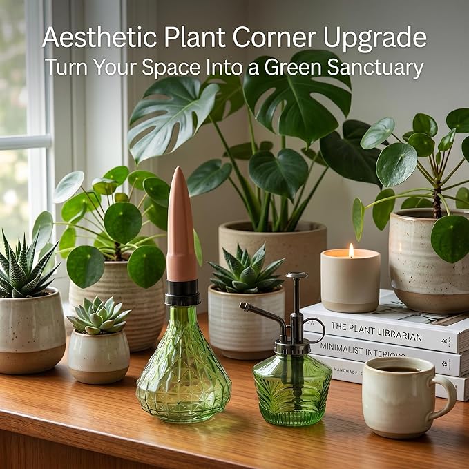 Glass Mini Watering Can Vintage Plant Mister Flower Water Spray Bottle and Faceted Glass Plant Watering Globe with Terracotta Spike, Plant Watering Gift Set,Green