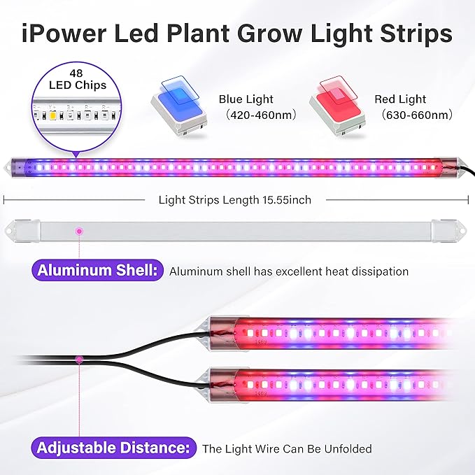 iPower 20W LED Grow Light Strips for Indoor Plants with Auto ON/Off 3/9/12H Timer 10 Dimmable Levels 48 LEDs Per Tube Sunlike Grow Lamp for Hydroponics Succulent, Red&Blue