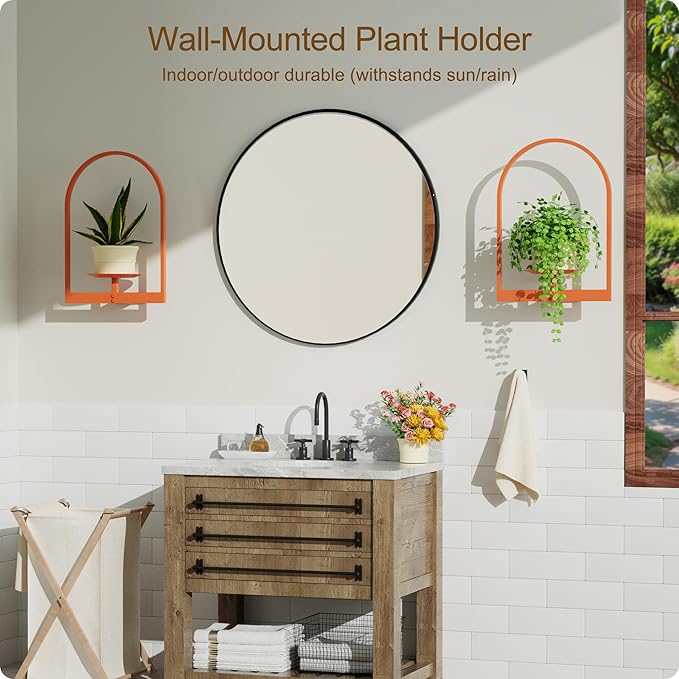 Orange Metal Wall Plant Holder - 2-Pack Wall Mounted Plant Stands and Hanging Holders for Indoor Planter and Flower Pot - Arch Decor Shelf for Plant Storage (Pot Not Included)