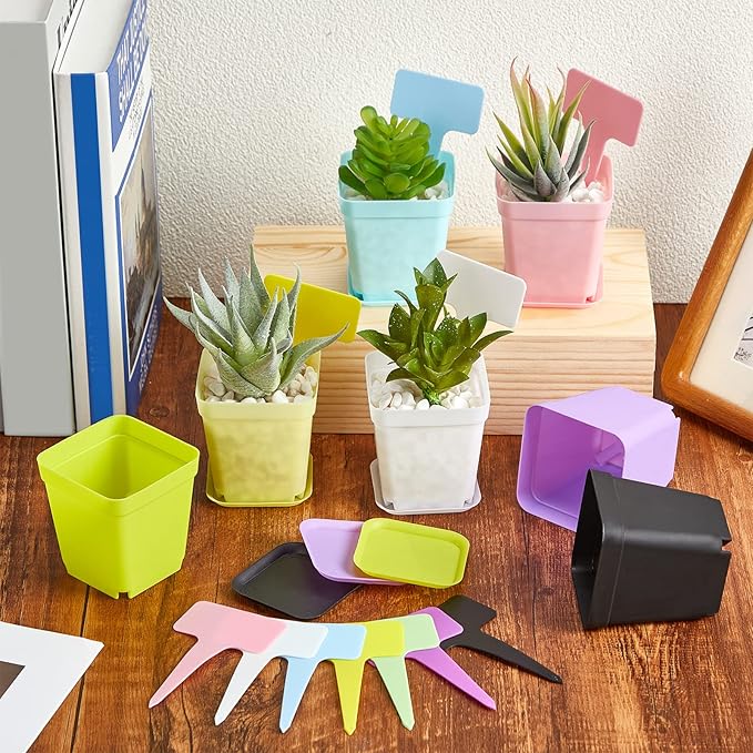 Zubebe 140 Pcs 3 Inch Plastic Plant Pots Square Seedling Nursery Pots Reusable Small Plant Pots with Saucers 140 Pcs Waterproof Plant Labels T Type Plant Tags Marking Pen for Garden Balcony Office
