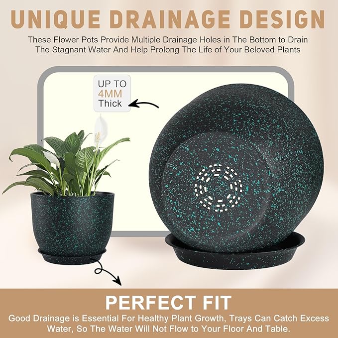YNNICO Plant Pots 10/9/8/7.5/7 inch Set of 5,Flower Pots with Multi Mesh Drainage Holes, Large Planters for Indoor Outdoor Garden Plants and Flowers. (Green Speckles)