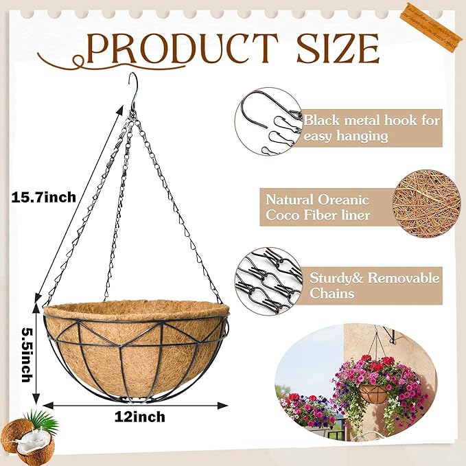 Hanging Baskets for Outdoor Plants (12 inch 2 Pack) Black Metal Wire Flower Basket Coconut Coir Hanging Planters with Chain Indoor Plant Holder for Patio Garden Balcony