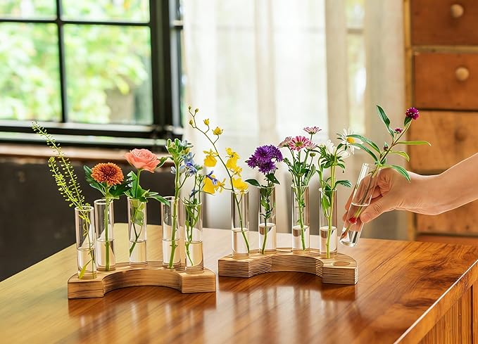 Melphoe Glass Bud Vases Small Flower Vase for Centerpieces Wedding Table Decorations, Home Decor, Propagation Station Plant Terrarium with Wooden Stand, Unique Plant Lover Gifts for Women (Brown)