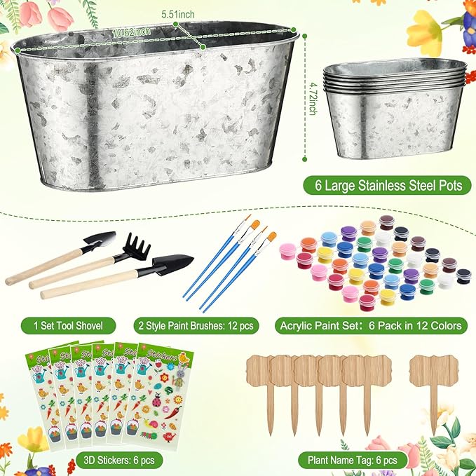 6 Sets Flower Pot Painting Kit DIY 6 Large Spring Metal Iron Plant Pots with Acrylic Paint Stickers Brushes Plant Labels Gardening Tools Kit for Planting Crafts Spring Birthday Easter Gift