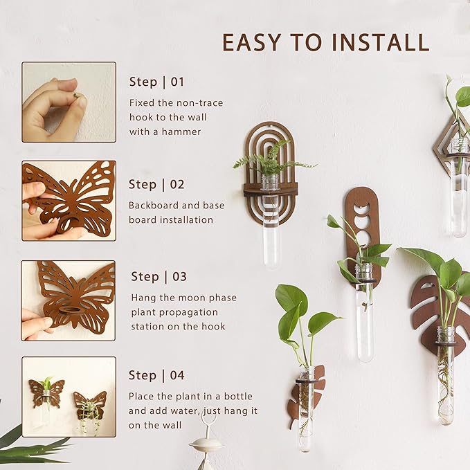 Artilady 2 Pack Plant Propagation Station Butterfly Wall Hanging Wood Plant Terrarium for Hydroponics Home Office Decor Test Tube Propagate Air Cutting Holder
