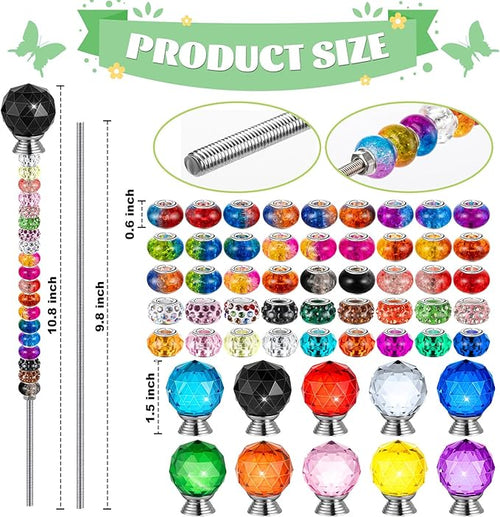 230 Pcs Beaded Garden Stakes, DIY Fairy Wand Garden Stake Beads Kits with 200 Colorful Assortment Round Large Hole Beads with 10 Round Stopper Top, 10 Threaded Rod and 10 Nuts for Outdoor Decoration
