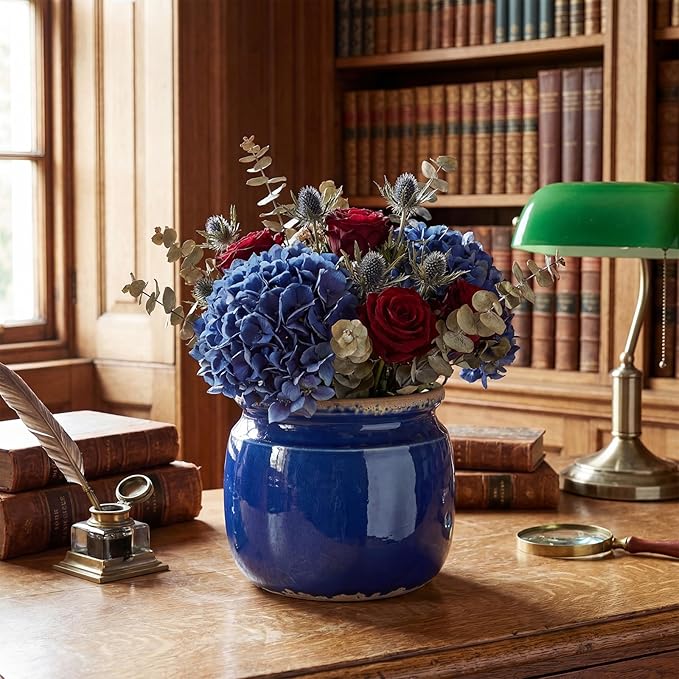 Vintage Large Ceramic Planter Navy Blue Ice Crack Glazed Flower Pot Pure Antique Cottage Flowers Vase Farmhouse Decor for Indoor Plants Succulents Home Kitchen Office