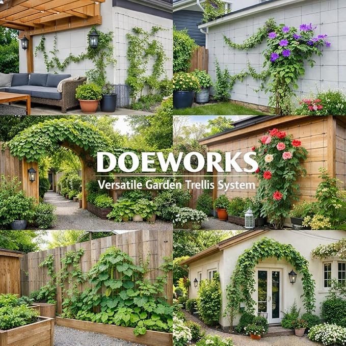 DOEWORKS 16 Set Wire Trellis for Climbing Plants Outdoor, Wall Wire Trellis Kit with 1/8 in x 80ft Stainless Steel Cable, Espalier System for Fence and Garden DIY Projects