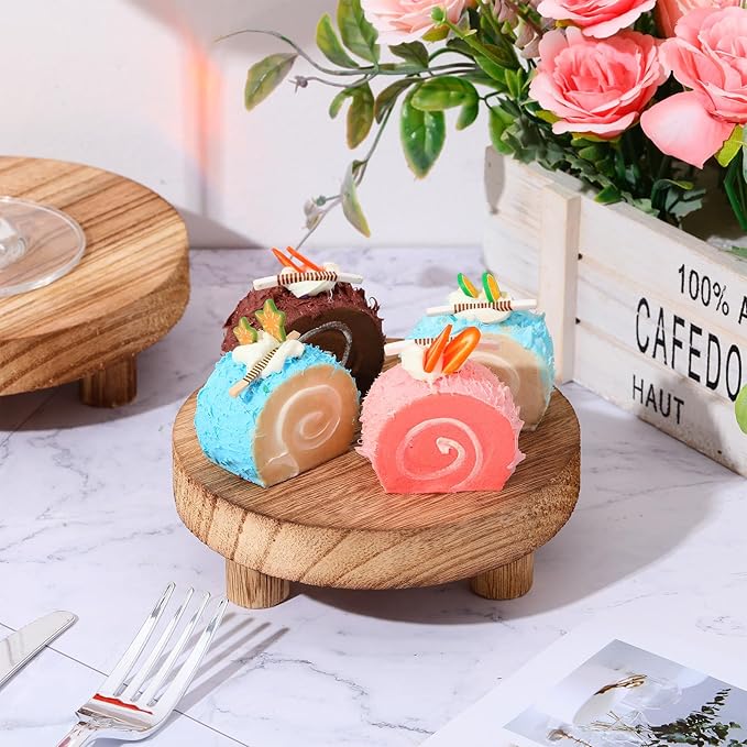 Geetery 4 Pcs Wooden Risers for Display Wood Pedestal Stand Mini Tray Stand Round Wooden Pedestal Holder Rustic Riser for Decor Tiered Tray Decor Home Kitchen, 5/6/7/8 Inch(Light Brown)