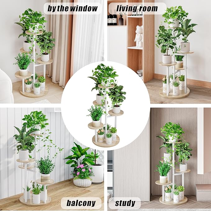 INGIORDAR Plant Stand Indoor Outdoor Corner Plant Shelf for Multiple Flower Pots Flower Stand Holder for Patio Garden Balcony Living Room (White+Sonoma Oak, 5 Tier)