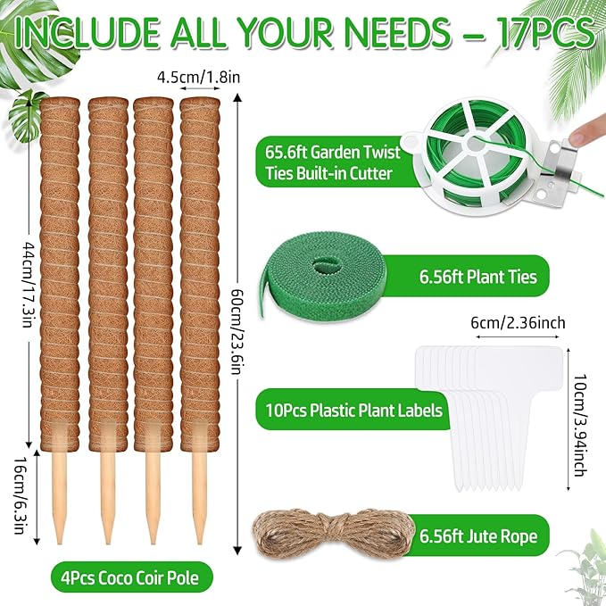 ROADPLUM 4 Pack 21.7" Coco Coir Poles, Stackable Plant Stakes Moss Pole for Plant Monstera with Twist Ties Plant Ties Labels Jute Rope, Plant Sticks Support for Climbing Plants Growth Indoor