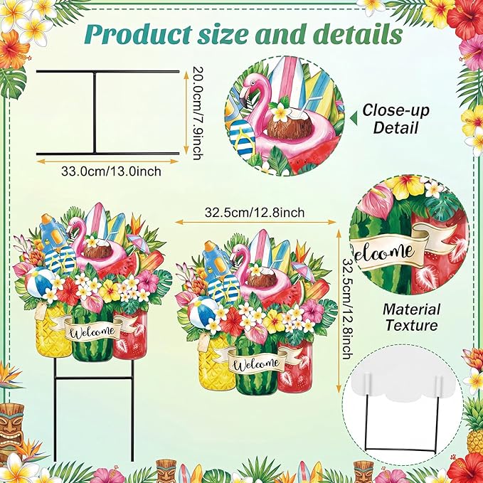 Amyhill Summer Tropical Outdoor Decor Garden Stakes Metal 25 Inch Hawaiian Luau Welcome Yard Signs Decorations Outdoor Tropical Decorative Garden Stakes Patio Lawn Walkway Backyard Porch Decorations