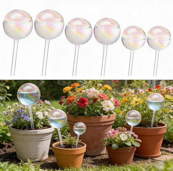 6 Pcs Iridescent Self Watering Globes Glass Rainbow Plant Self Watering Globes Planter Insert Large Automatic Plant Waterer Bulbs for Planter Indoor Outdoor Garden, 16oz, 13oz, 10oz