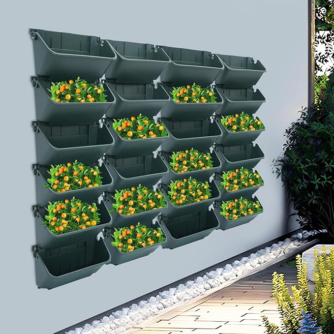 Bacocoo Vertical Garden Planter - 24 Pack, 13 inch Wall Mounted Planter for Patio Outdoor Decor, Home Green Plastic Pot Balcony Plant Vegetable Fruit Herb Hanging Pocket Holder Flowerpot. (Army Green)