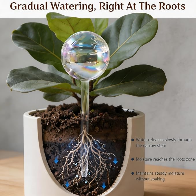 Plant Watering Globes, Thick Clear Iridescent Rainbow Glass Self Watering Globes, Automatic Plant Watering Bulbs for Indoor & Outdoor Potted Plants, Hanging Baskets, Home & Garden, 2-Pack