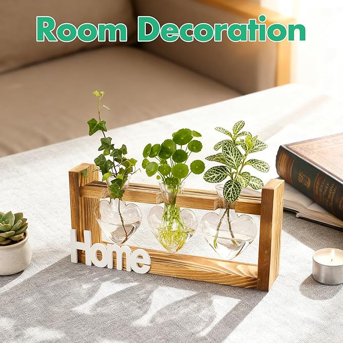 IBEUQEM Heart-Shaped Plant Propagation Station, 3 Glass Plant Terrarium with Wooden Stand, Borosilicate Glass, Hydroponic Planter for Office Garden Home Decor, for Women Lovers